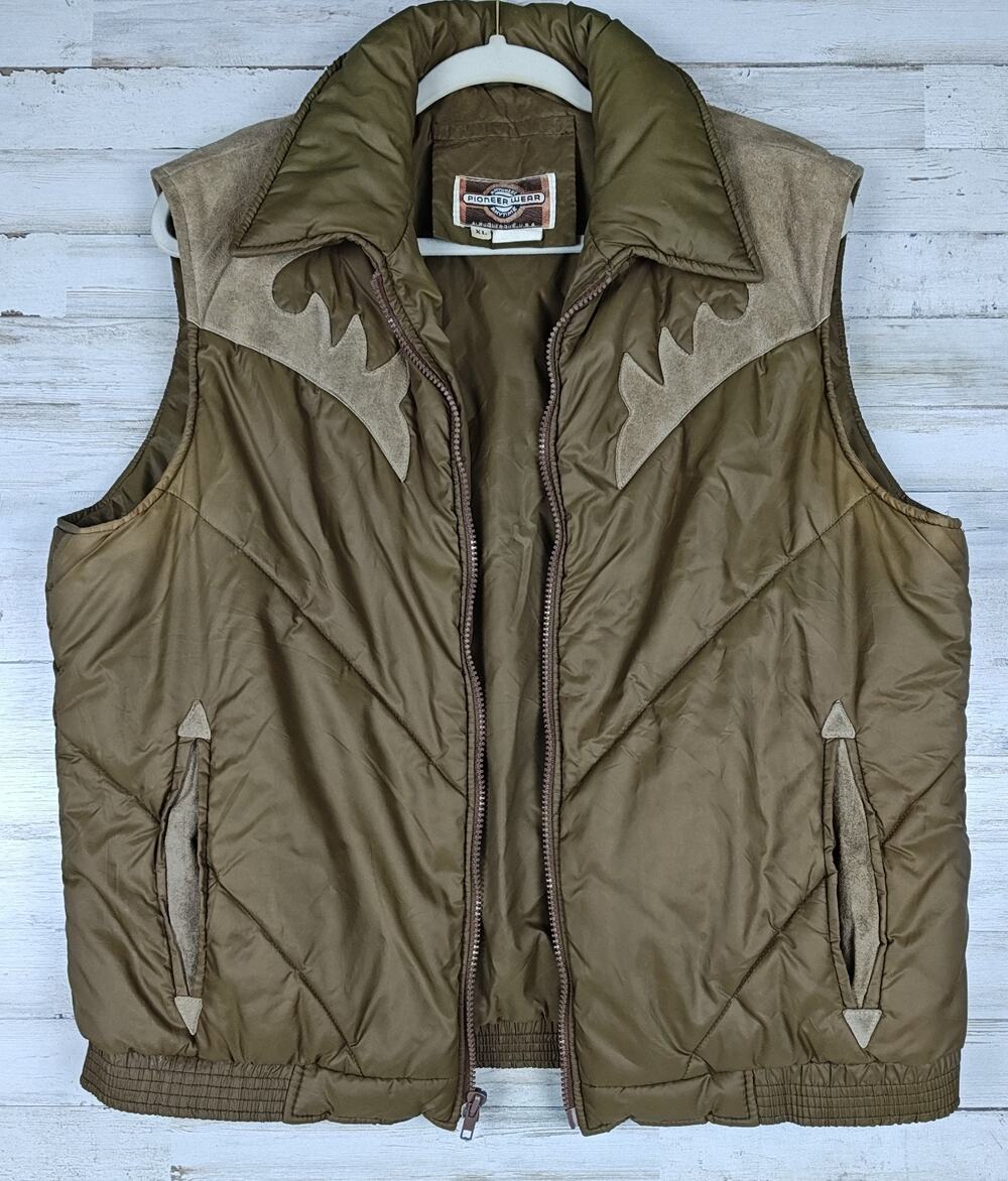 Vintage Pioneer Wear Mens XL Down Puffer Vest Suede Western Cowboy Ranch Brown